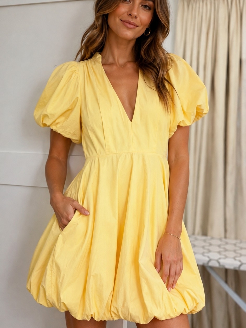 Yellow Puff-Sleeve V-Neck Fit-and-Flare Dress